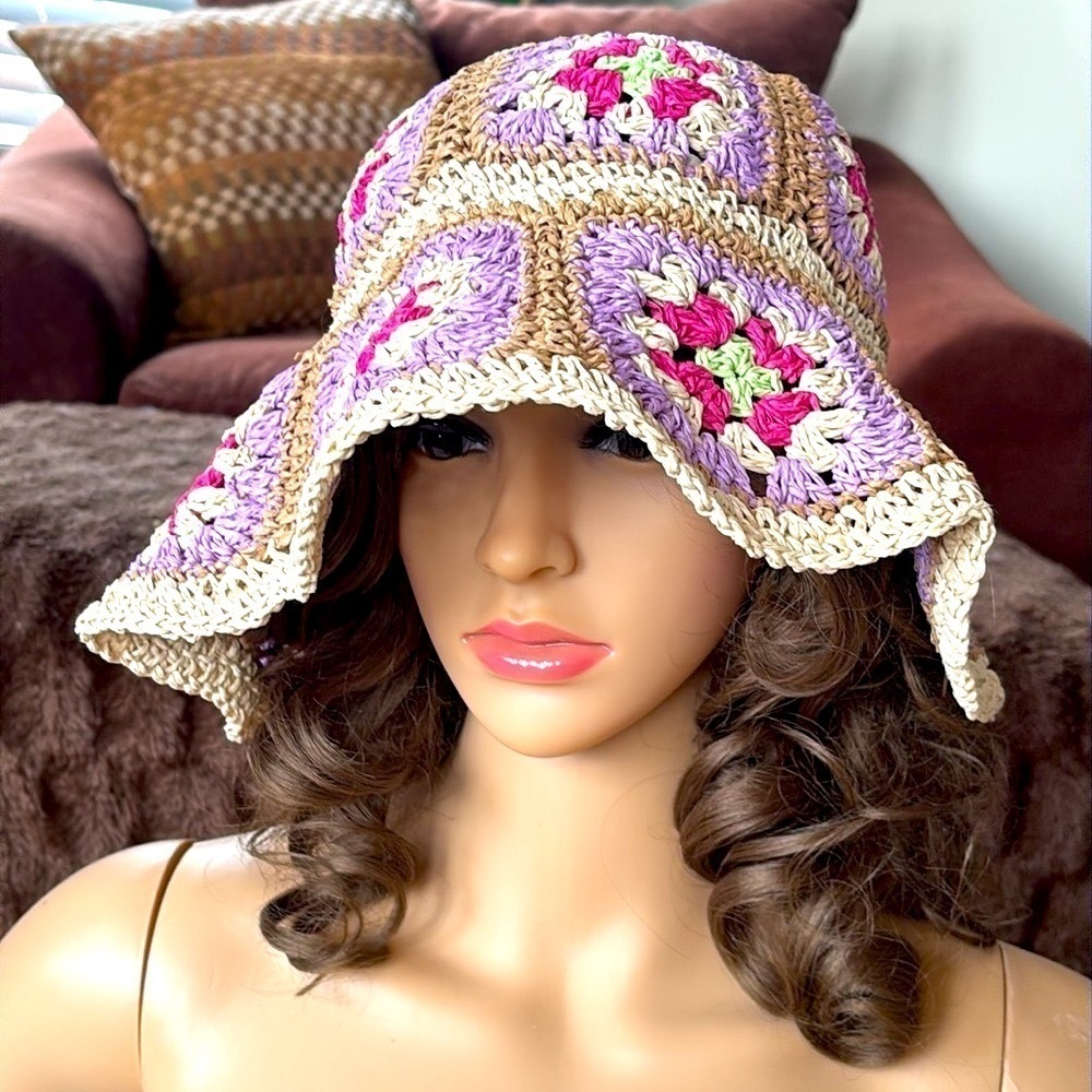 Brand New BCBGeneration Straw Woven Hat Crochet Patchwork Floral Floppy Beach - Picture 14 of 15